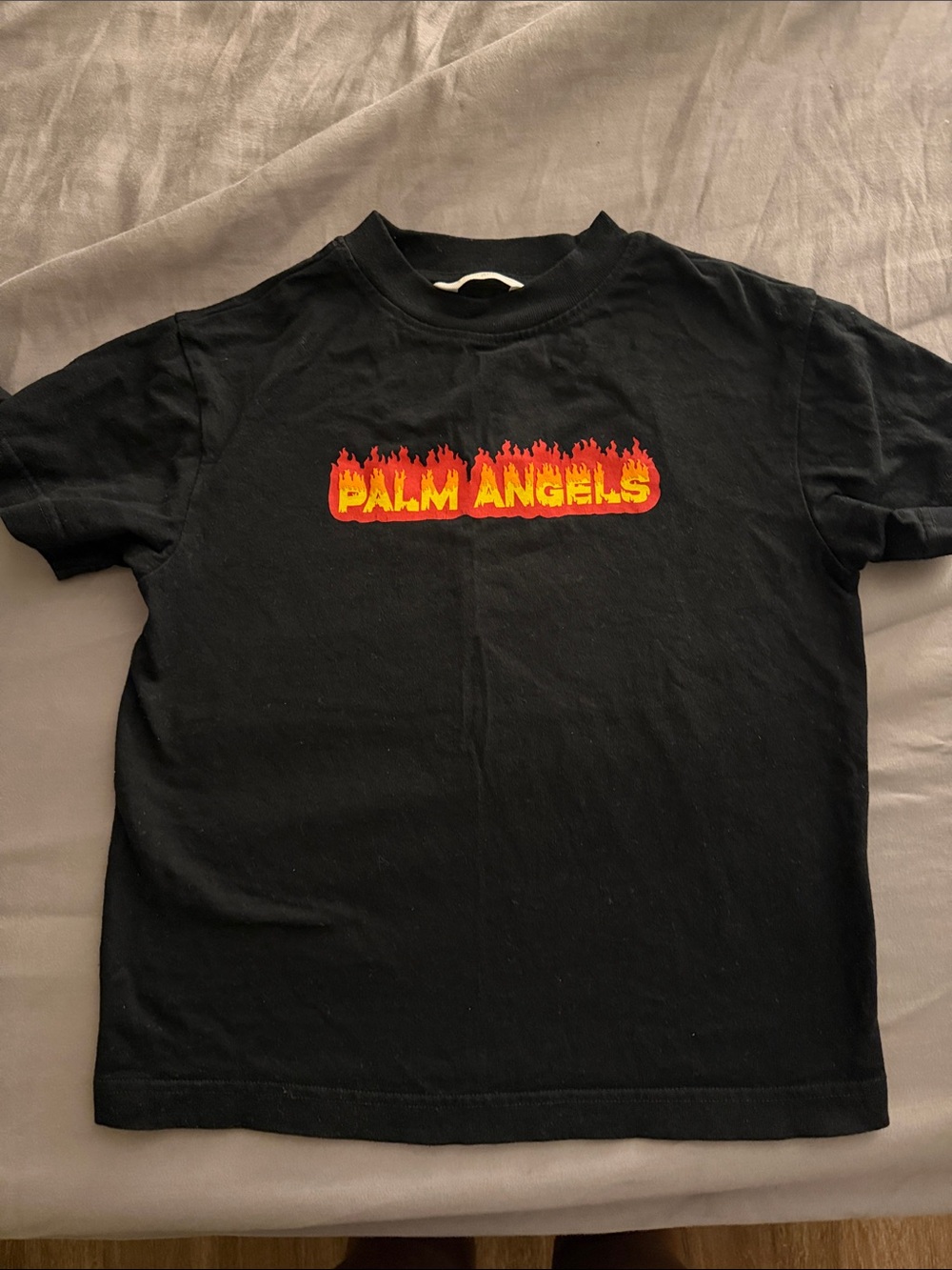 Palm Angels Black Tee with Red and Yellow Flame Graphic